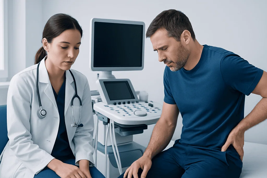 Doctor consulting with male patient in medical office.