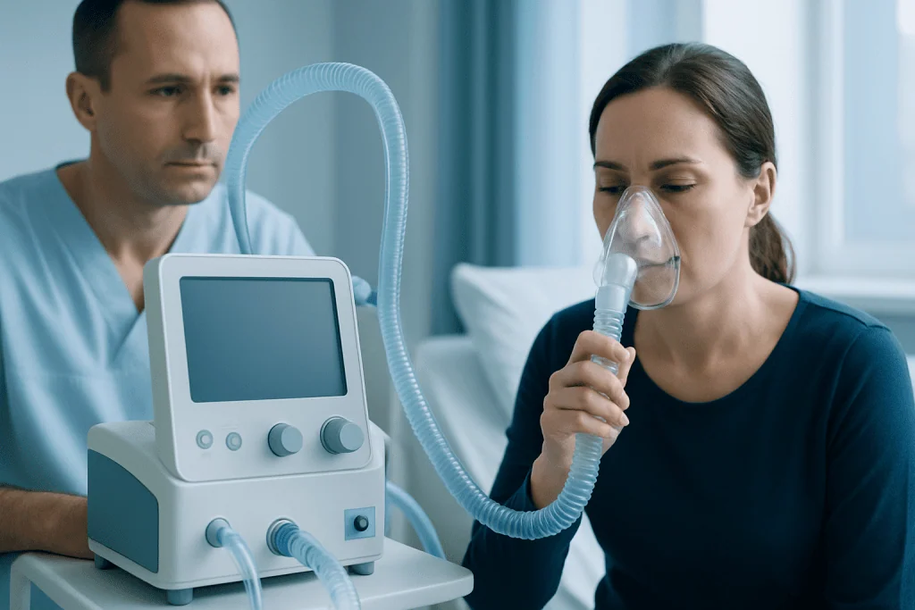 Patient undergoing respiratory therapy with medical ventilator at Acibadem Hospital.