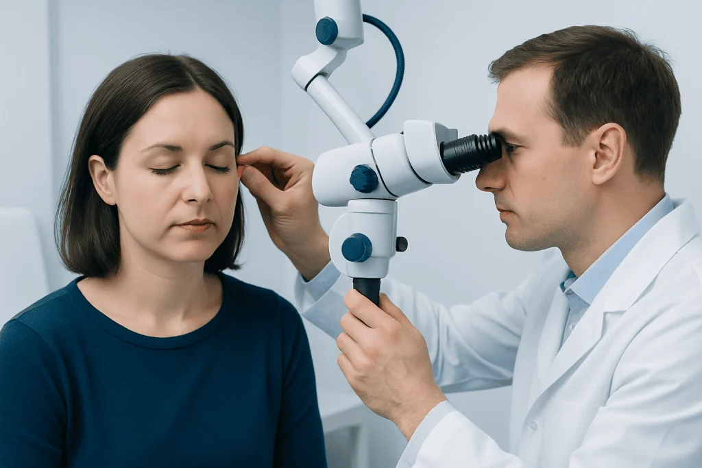 ENT specialist examining patient's ear with a microscope at Acibadem Hospital.