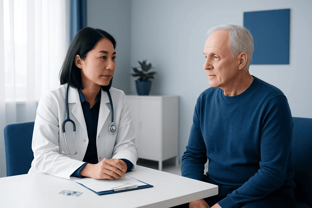 Doctor consulting an elderly male patient in a medical office.