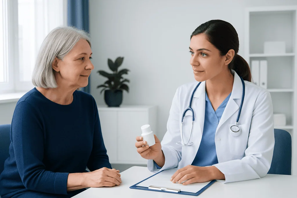 Doctor explaining medication to an elderly woman in a clinic setting.