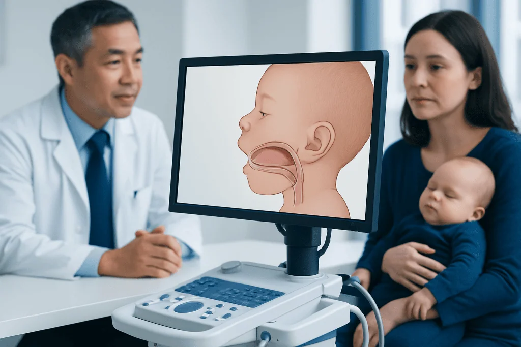 Pediatric ENT consultation with tongue tie diagram on monitor.