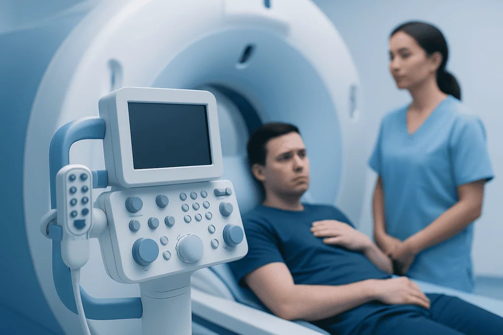 Patient undergoing MRI scan at Acibadem Hospital with medical staff present.