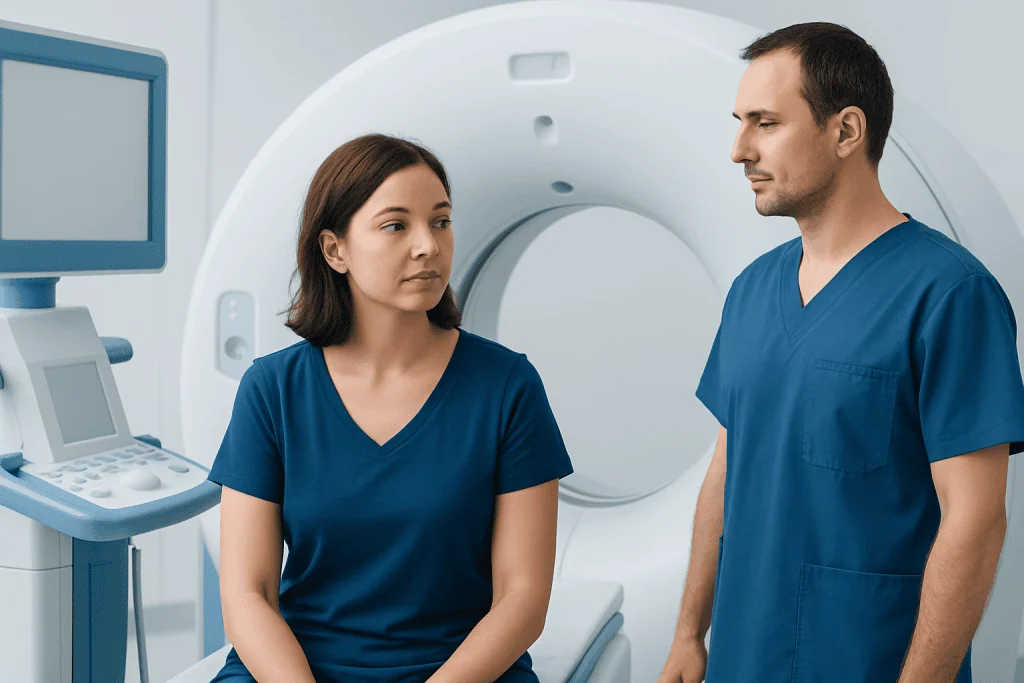 Medical professionals discussing a patient in an MRI room at Acibadem Hospitals.