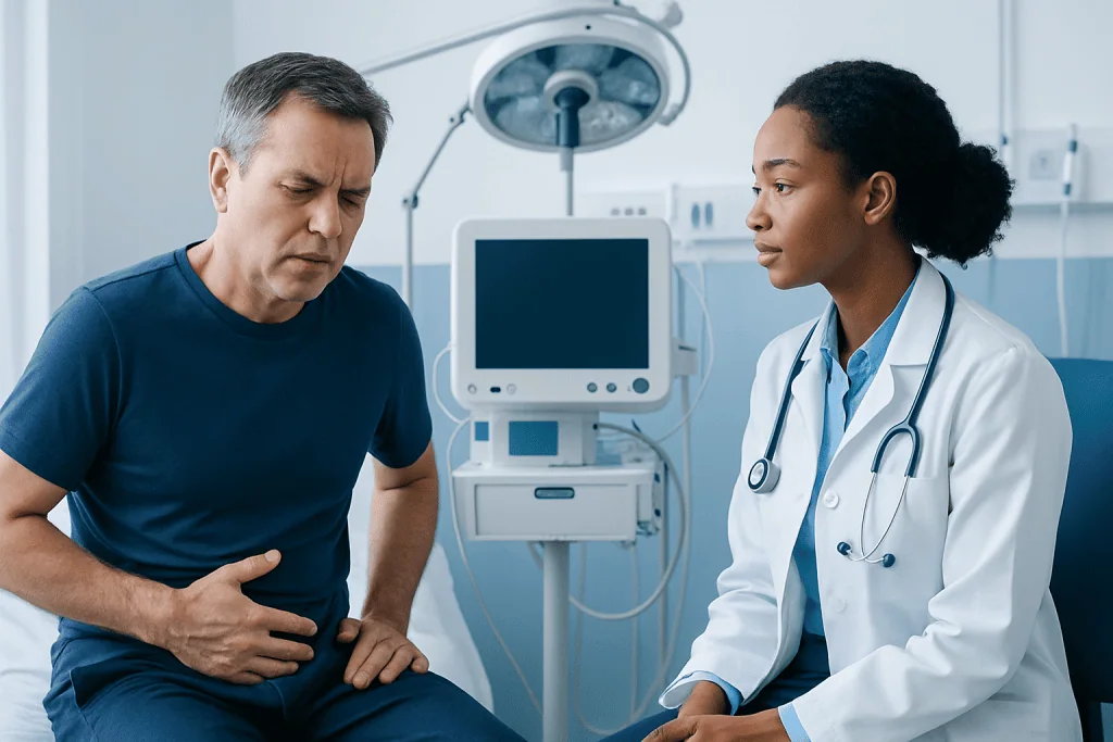 Doctor consulting male patient in hospital room with medical equipment.