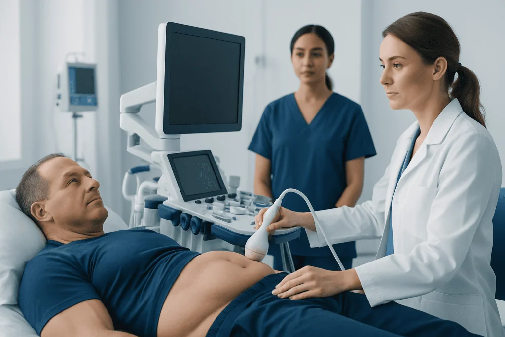 Doctor performing ultrasound examination on male patient in hospital.