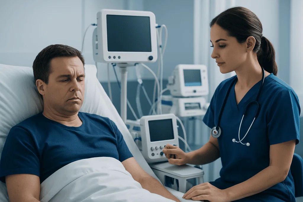 Doctor consulting with male patient in hospital room with medical monitors.