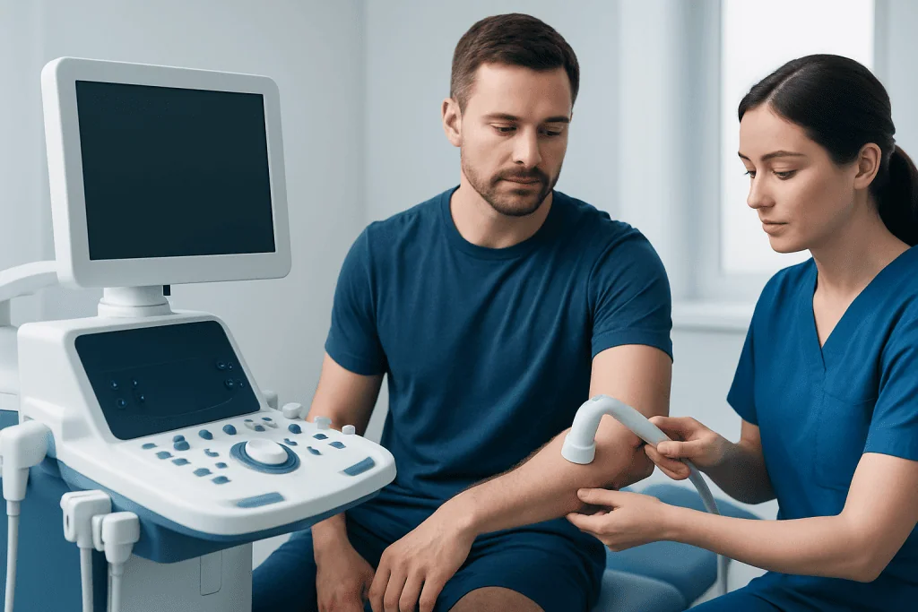 Medical professional performs ultrasound examination on patient in clinic.