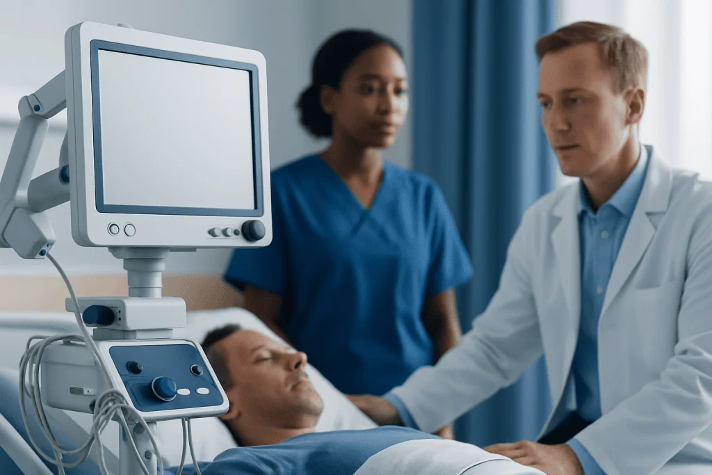 Medical team attending to a patient in a hospital ICU.