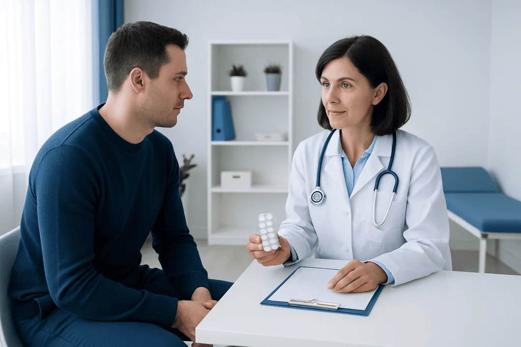 Doctor explaining medication to patient in a clinic setting.