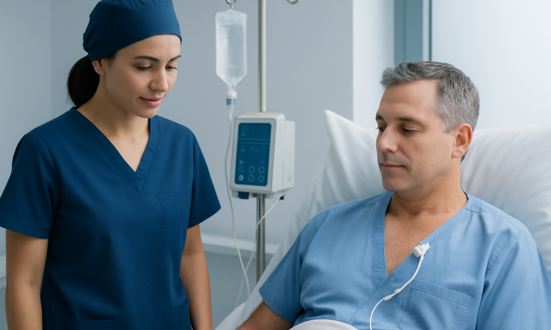 Broviac Catheter: An Evidence-Based Patient Guide 4 Nurse and patient in hospital room with medical equipment.