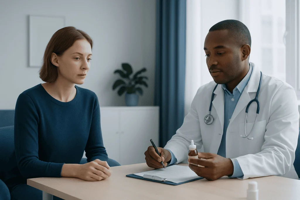 Doctor explaining medication to a patient in a consultation room.
