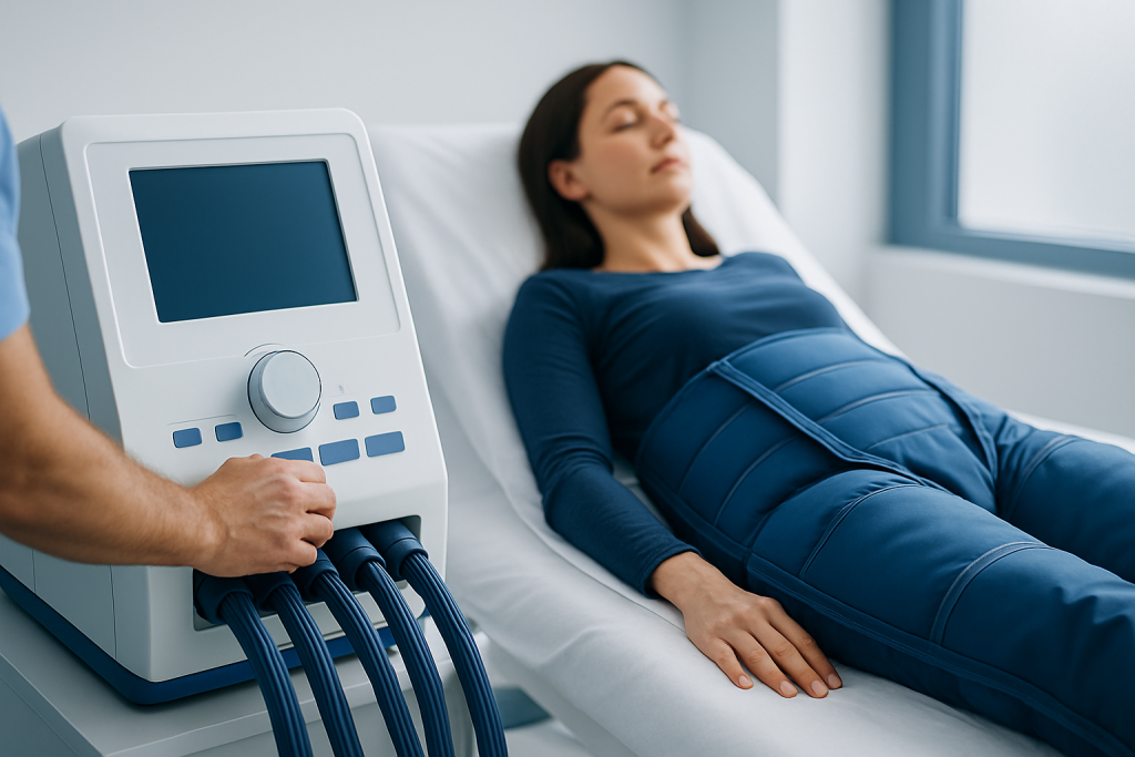 Woman receiving lymphatic drainage massage therapy in a clinical setting.