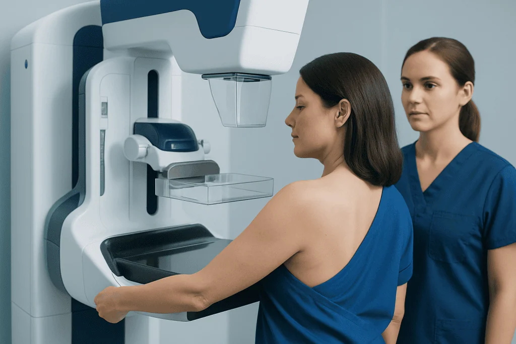 Woman undergoing mammogram with advanced imaging equipment at Acibadem Hospital.