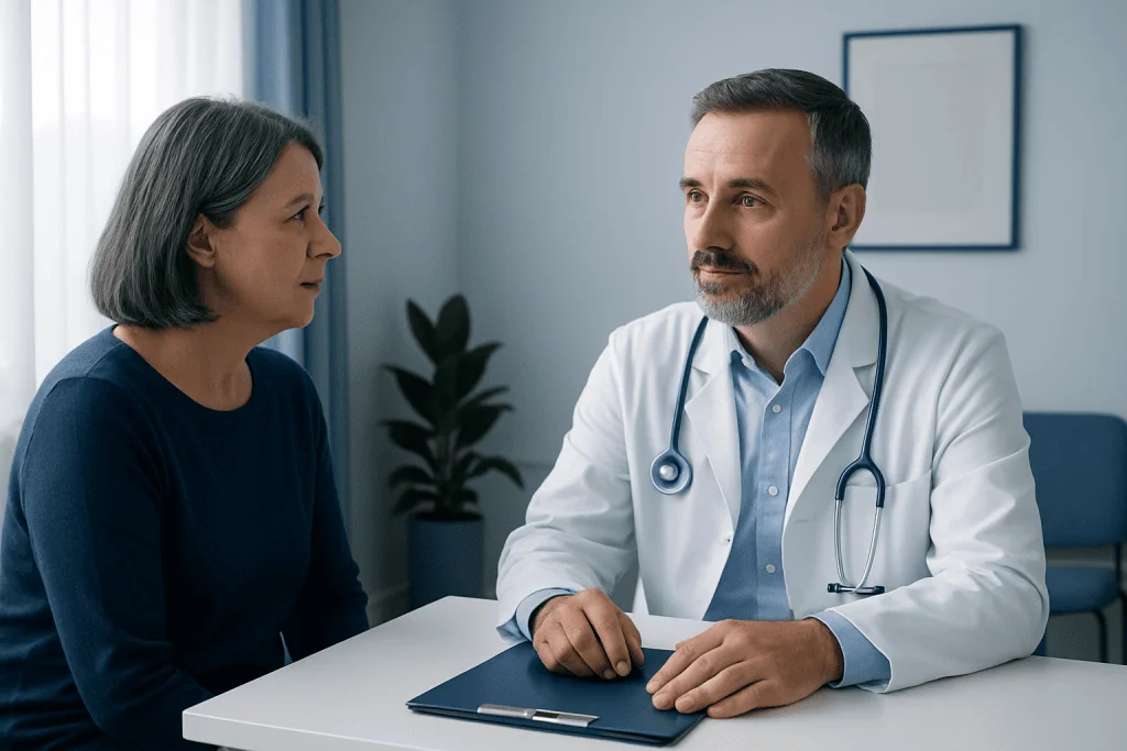 Doctor consulting with a female patient in a modern clinic setting.