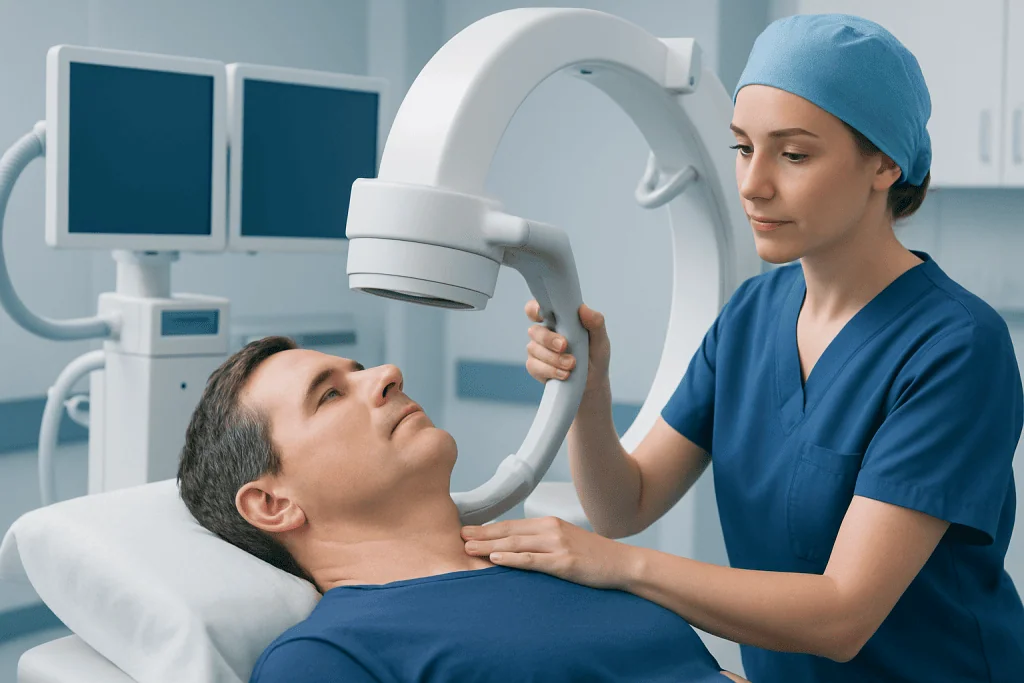 Medical professional performs cervical imaging with advanced equipment.