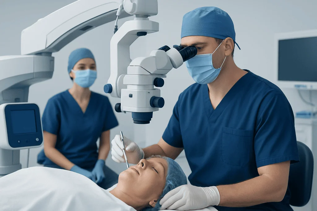 Surgeon performing vitrectomy surgery on a patient with a macular hole.