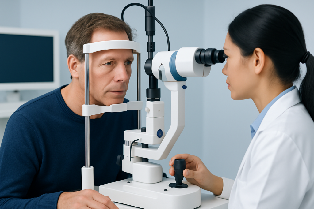 Optometrist performing eye examination with slit lamp at clinic.