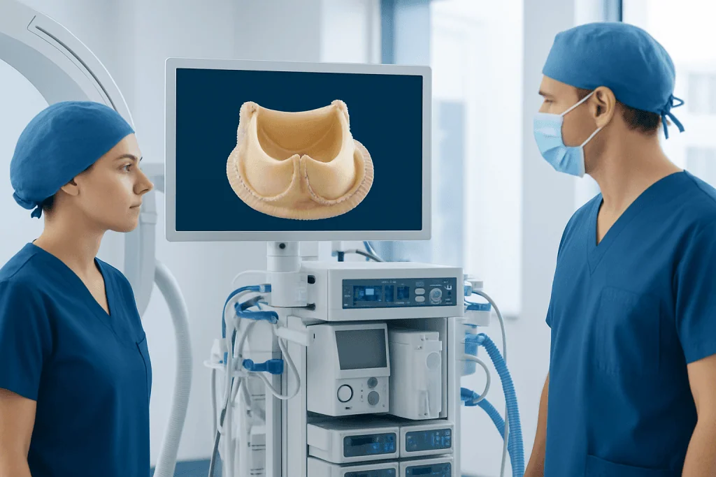 Medical professionals examining a heart valve model on a monitor in a hospital.