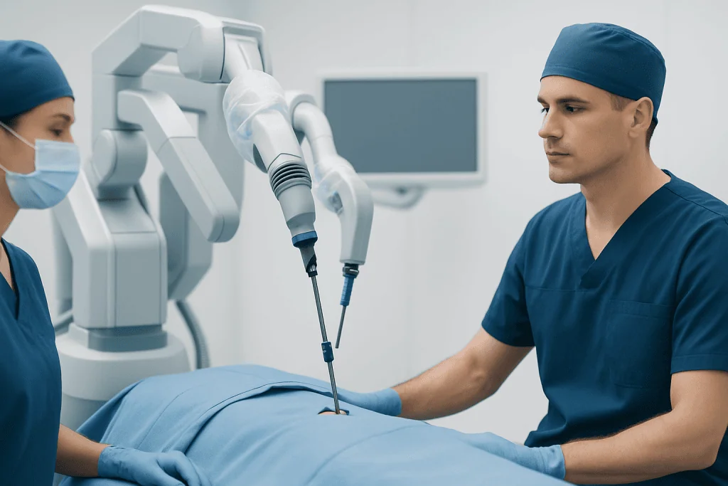 Surgeons perform minimally invasive lobectomy using robotic surgical system.