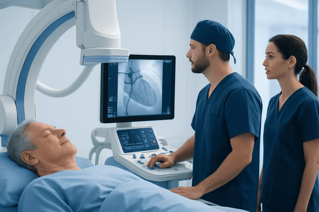 Cardiologist and nurse monitor heart ultrasound during patient examination.