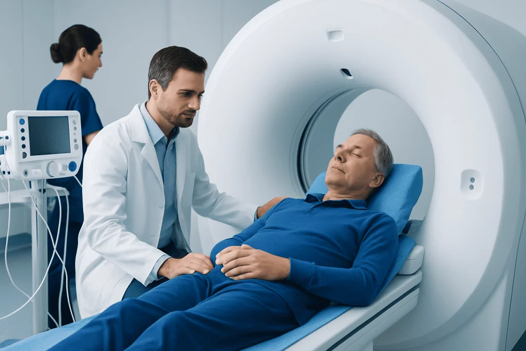 Patient undergoing MRI scan at Acibadem Hospital for prostate cancer assessment.