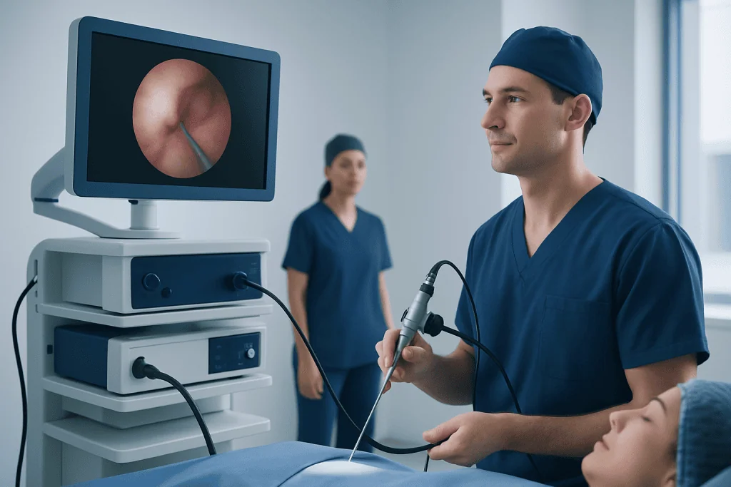 Surgeon performing endoscopic procedure with monitor showing inside view.
