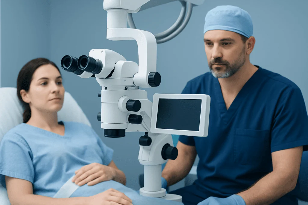 Surgeon performing eye examination with a microscope in a hospital setting.