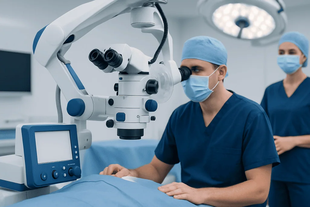 Surgeon using a microscope during posterior fossa surgery at Acibadem Hospital.