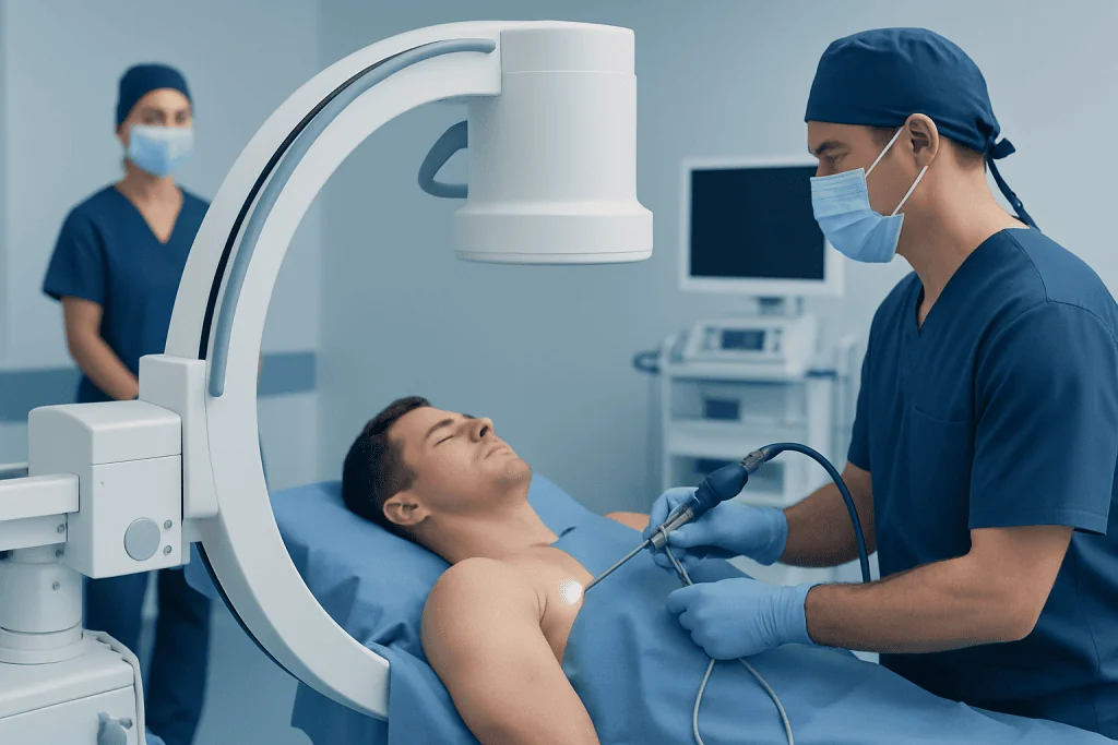 Surgeon performing shoulder procedure in an operating room with medical staff present.