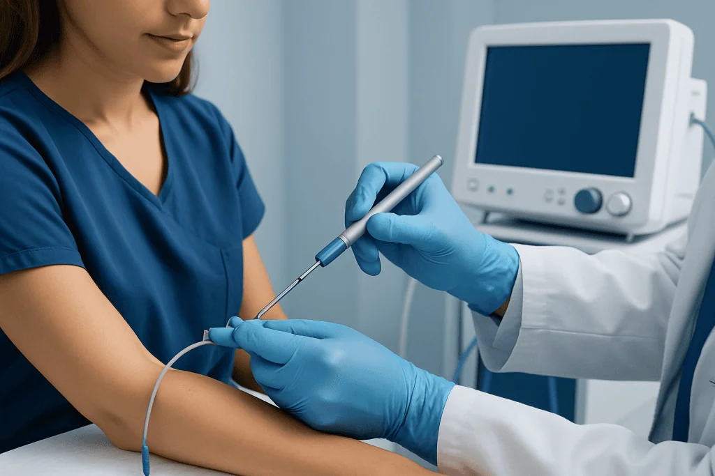 Medical professional performing a skin punch biopsy on a patient.
