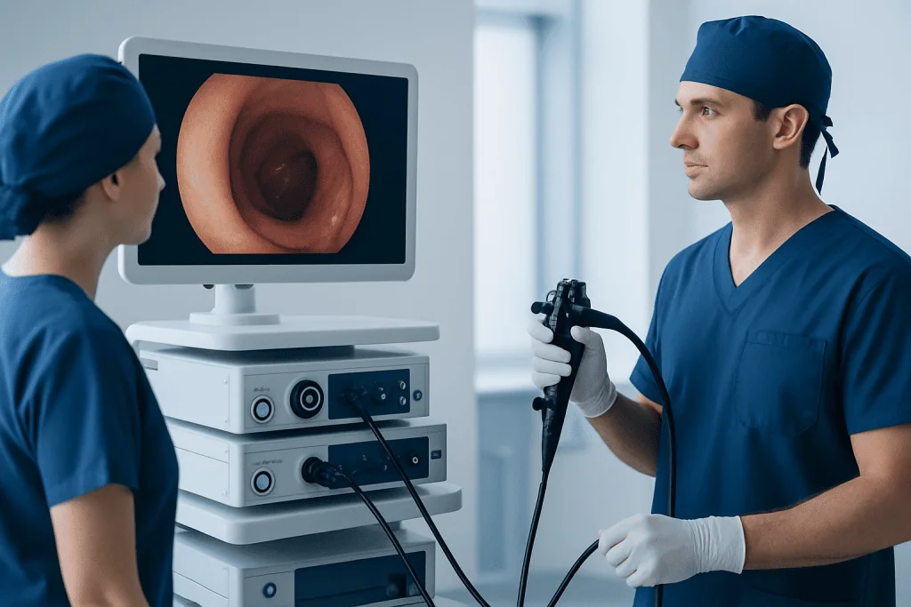 Doctor performing a colonoscopy with a monitor showing the colon's interior.