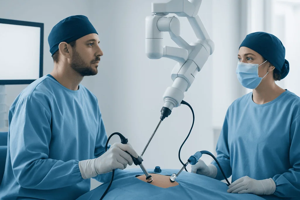 Surgeons perform minimally invasive surgery with robotic assistance at Acibadem Hospital.
