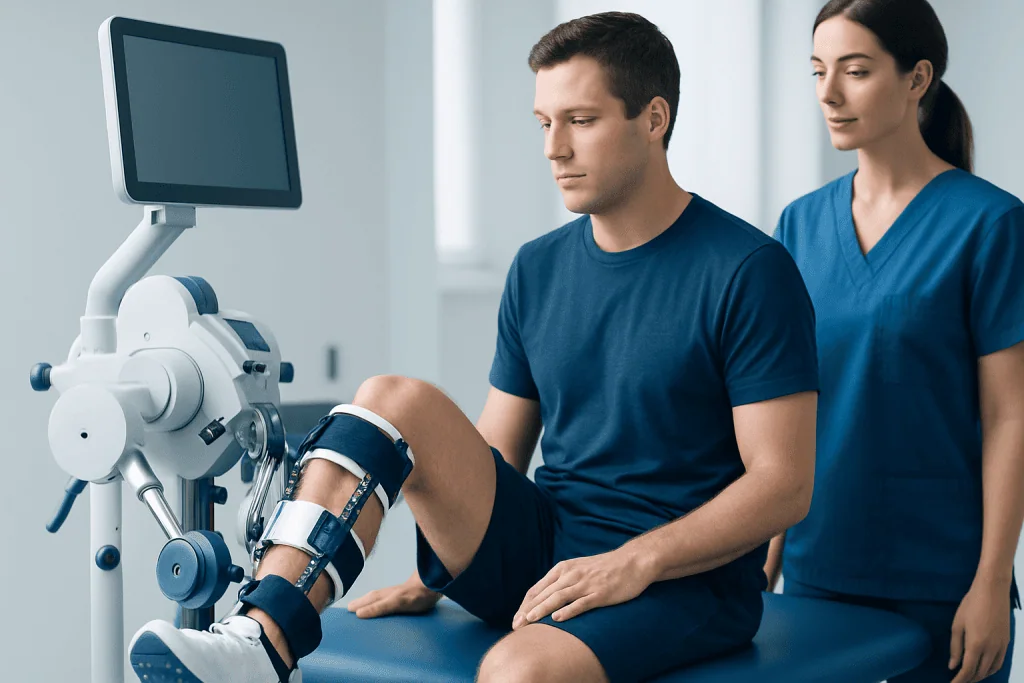 Patient undergoing sports injury rehabilitation with a knee brace at Acibadem Hospital.