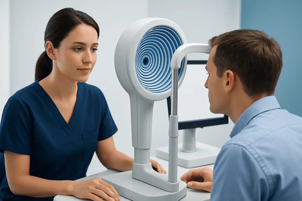 Optical technician explains corneal topography to patient at Acibadem Hospital.