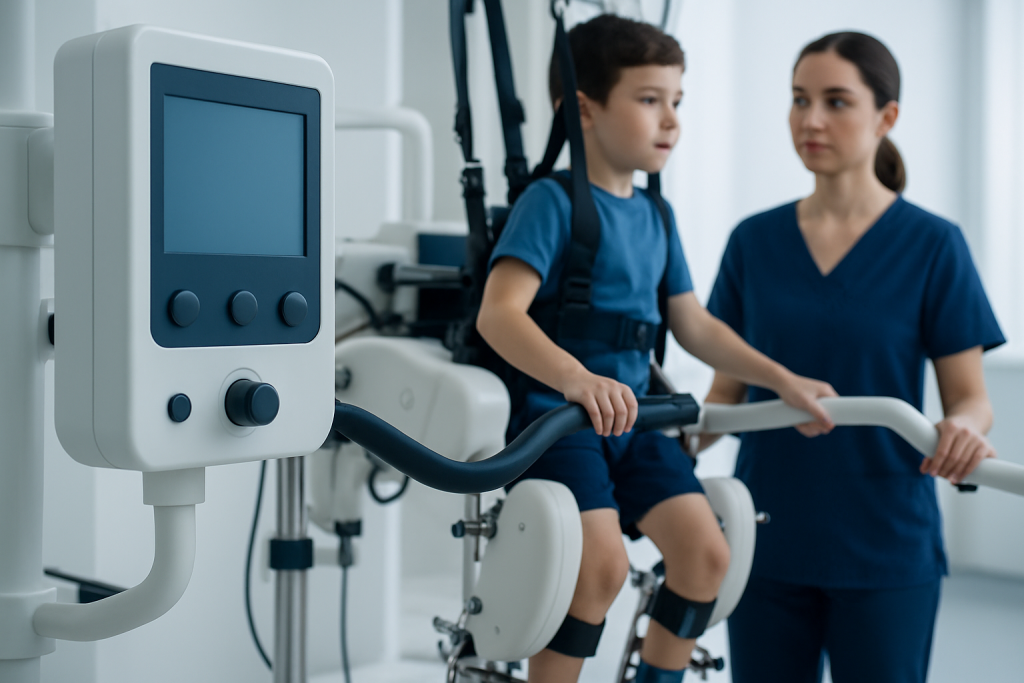 Child undergoing pediatric physical therapy with medical staff assistance.