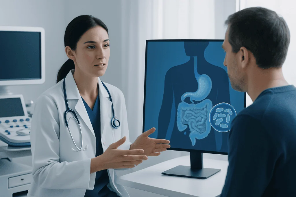 Doctor explaining digestive system to patient in clinic setting.