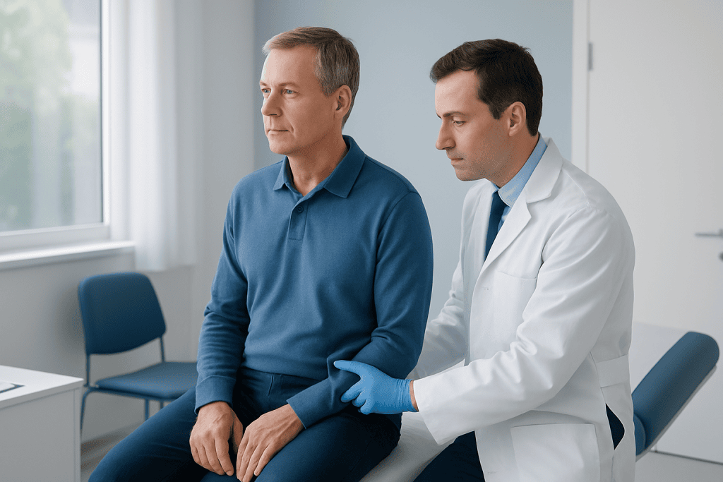 Doctor performing digital rectal exam on patient in clinic setting.