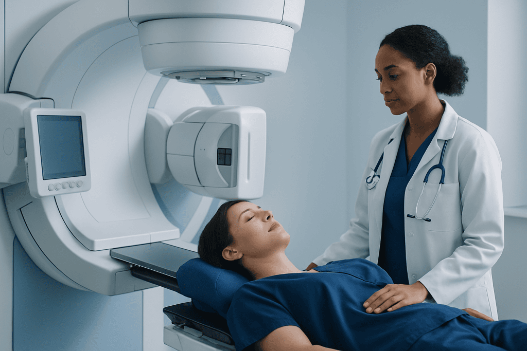 Medical professional preparing patient for imaging scan at Acibadem Hospital.