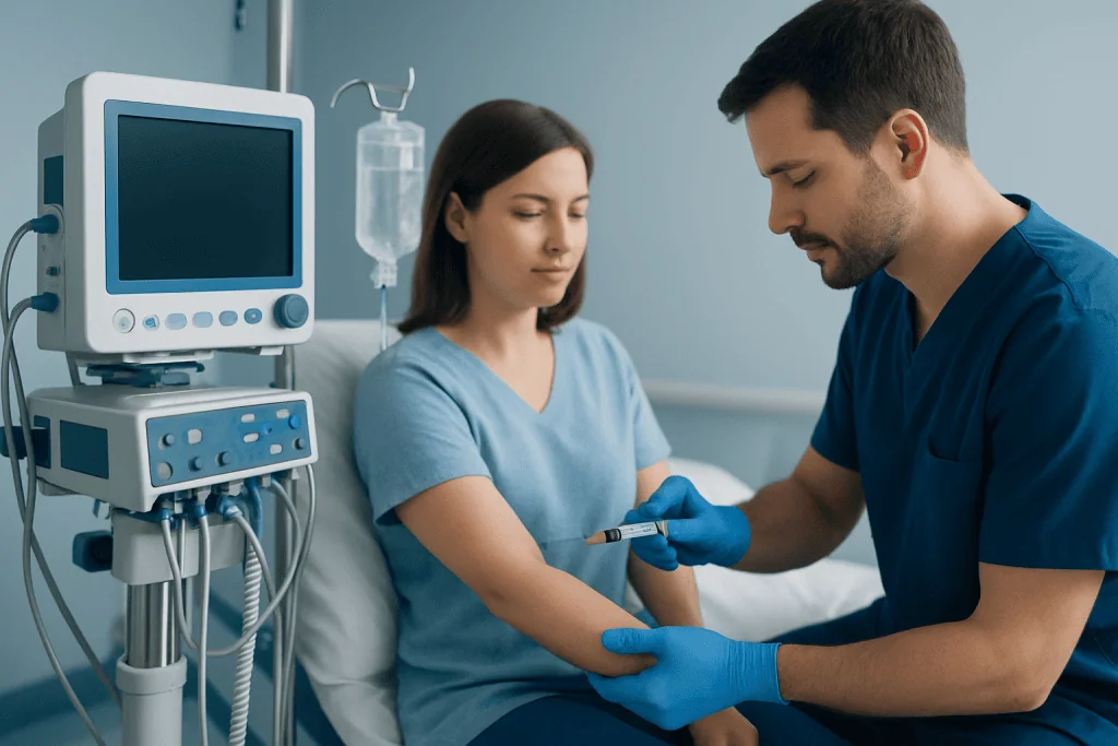 Healthcare professional administering injection to patient in hospital setting.
