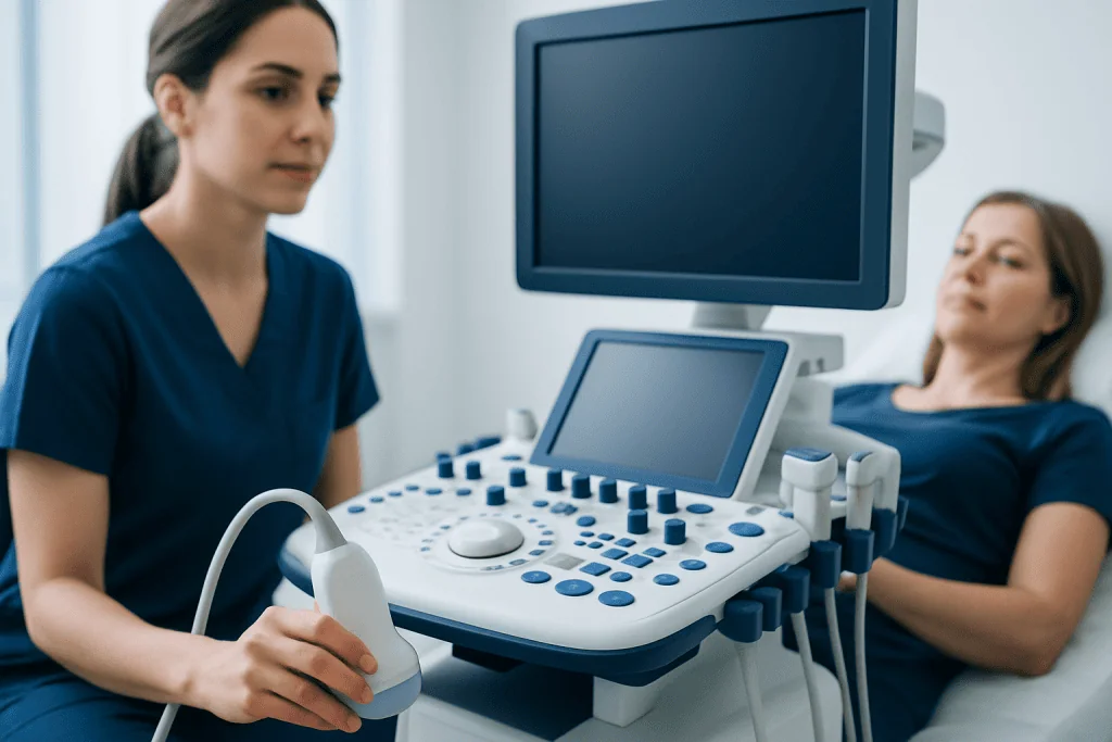 Medical professional performing ultrasound on patient in hospital setting.