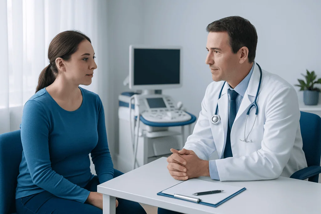 Doctor consulting with a female patient in a medical office.