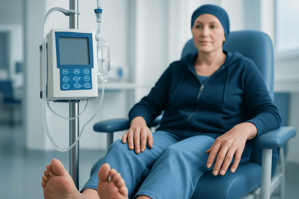 Patient receiving chemotherapy treatment at Acibadem Hospital.