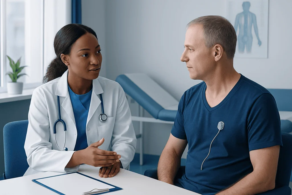 Doctor consulting with a male patient in a hospital room.