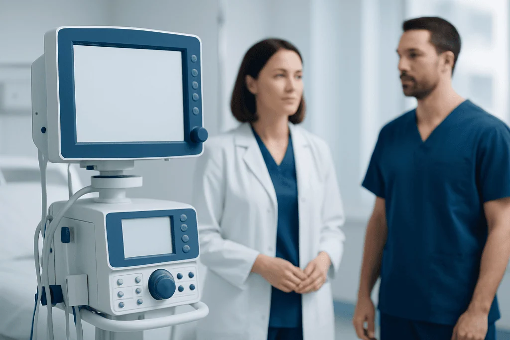 Medical professionals discussing patient care with monitoring equipment nearby.