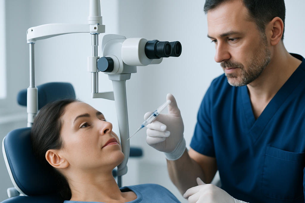 Ophthalmologist performing eye injection on patient in clinic.
