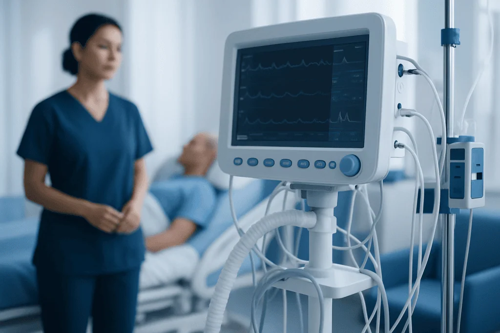 Medical monitor displaying heart rate in hospital setting.