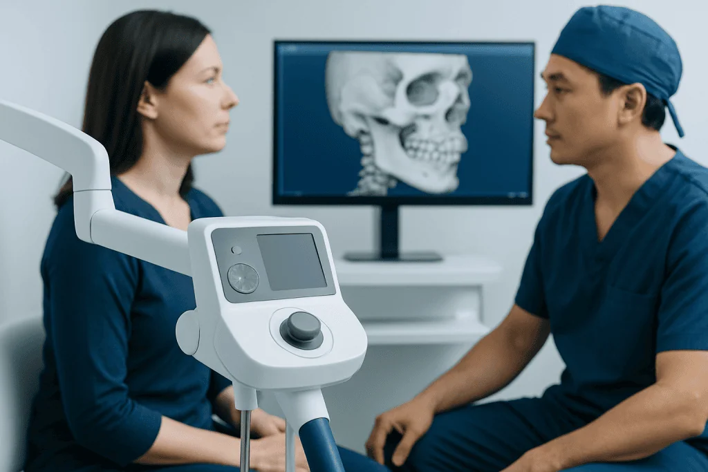 Orthognathic surgery consultation with a doctor and patient in a clinic.