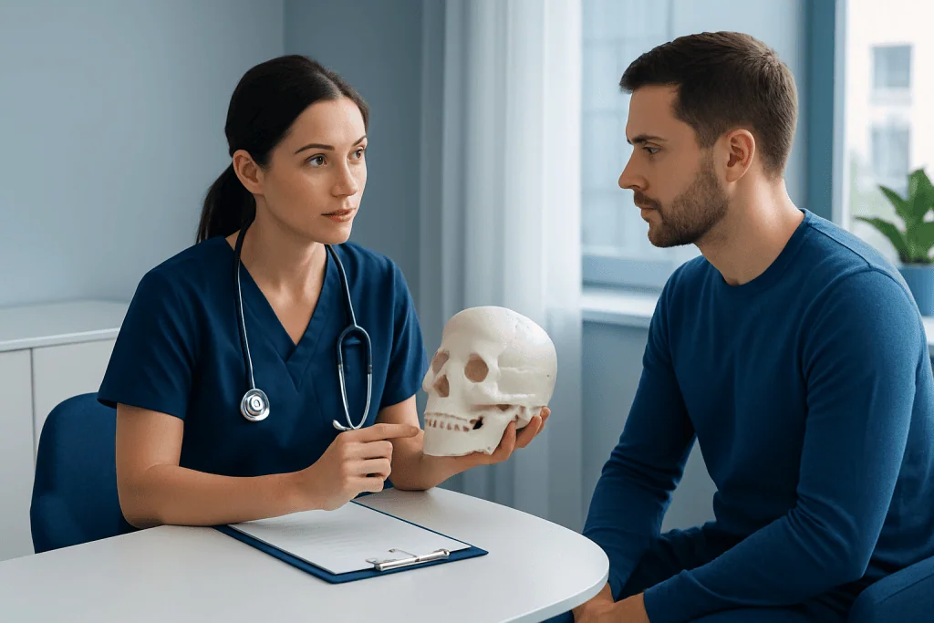 Doctor explaining jaw anatomy to patient with skull model in clinic.
