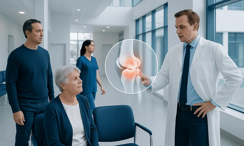 Doctor explaining knee joint inflammation to elderly patient in hospital.